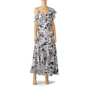 ADEAM Floral Fiesta Maxi Dress Women's 4 Blue Black Ruffle V-Neck Asymmetric RTR